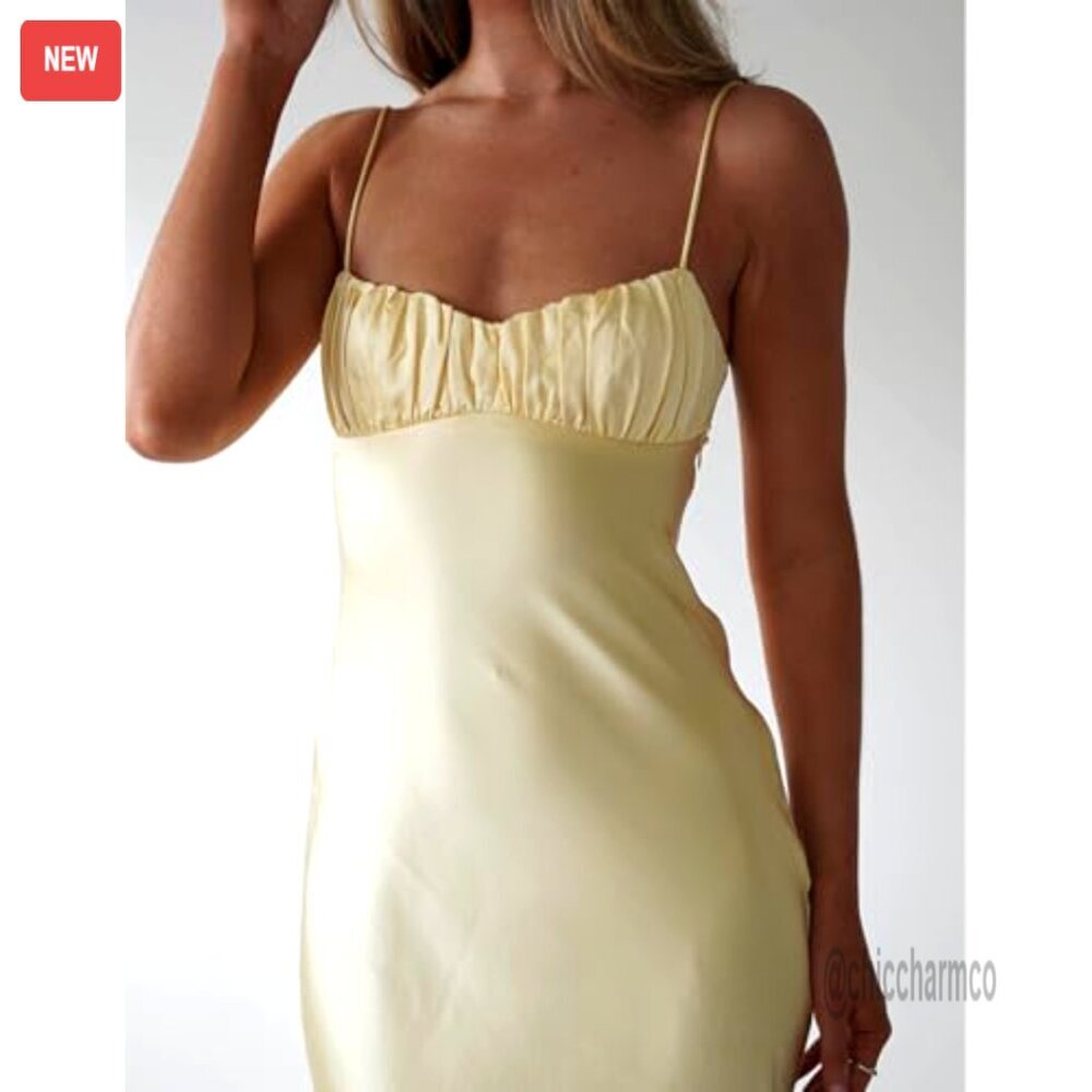 Satin Backless Ruched Twist Midi Dress Spaghetti Strap Formal Cocktail - Picture 5 of 5